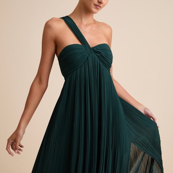 Lulus Cayton Emerald Pleated One-shoulder Maxi Dress Green - Size XS - Picture 1 of 1